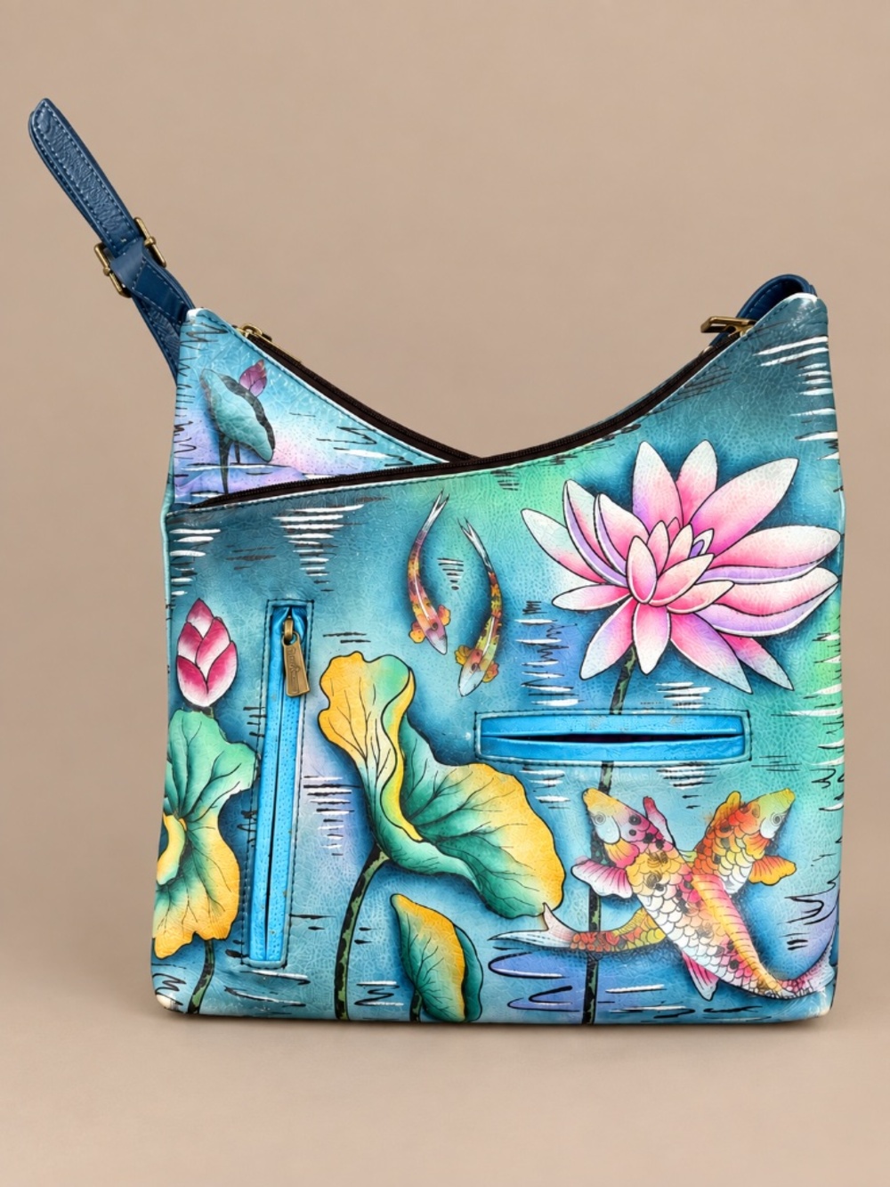 Anuschka Hand Painted Leather Koi Fish Lotus Hobo Shoulder Bag